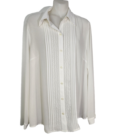 Cabi Blouse Women's Medium Ivory Button Sheer Office Classic Embroidery Pleated - Picture 1 of 10